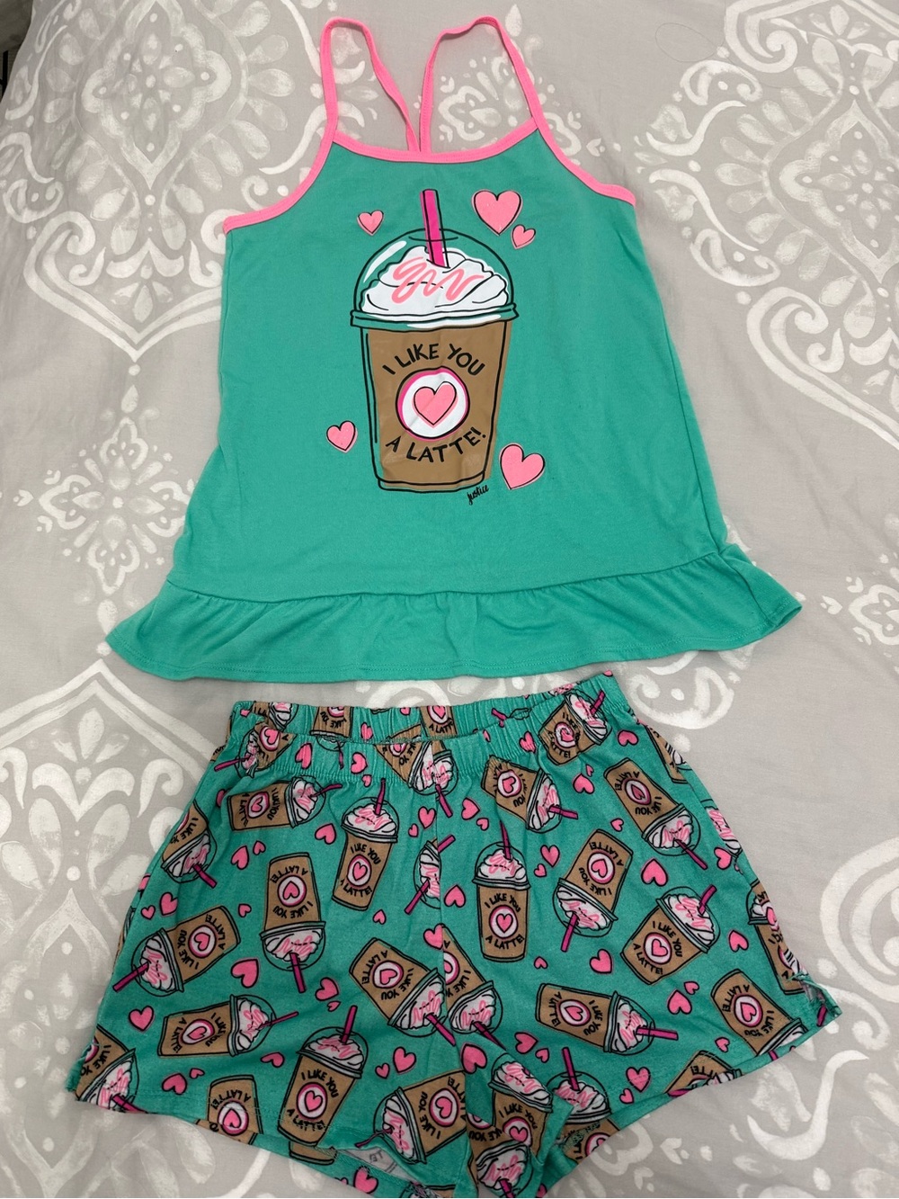 Cute Justice “I like you a latte” 2 Piece Tank & Shorts Kids Size 12 Set